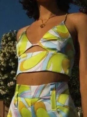 Printed Satin Two-Piece Crop Top and Wide Leg Pants - 70s vibrant retro print